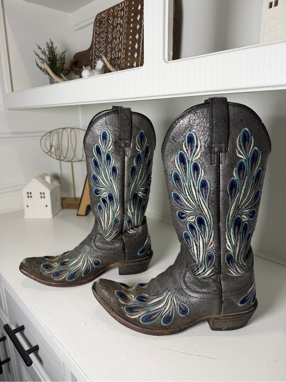 Ariat Womens 8 Gray Leather Peacock Embroidered Cowboy Cowgirl Boots Western